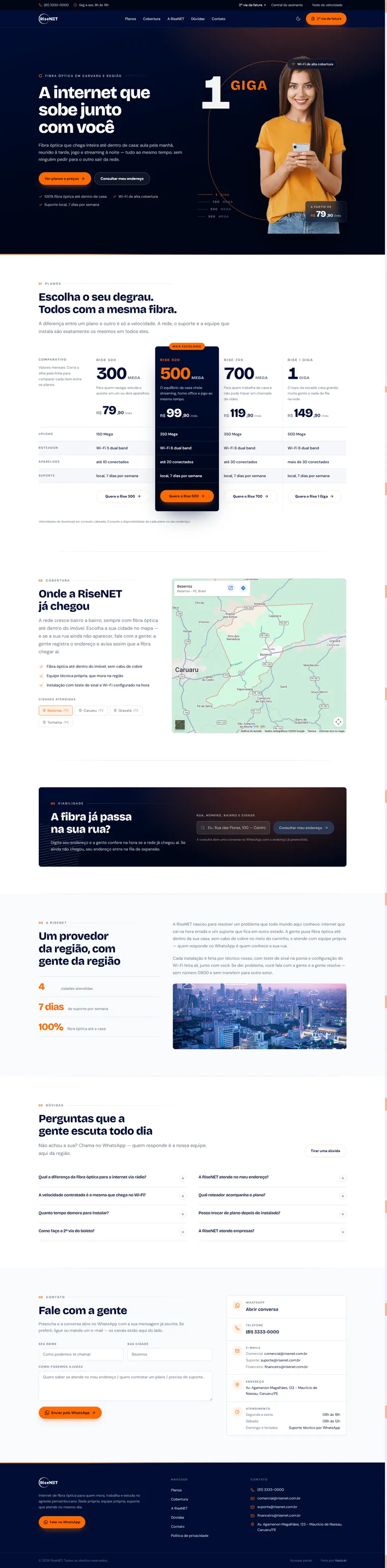 Site do provedor de internet RiseNET criado pela Hostcel